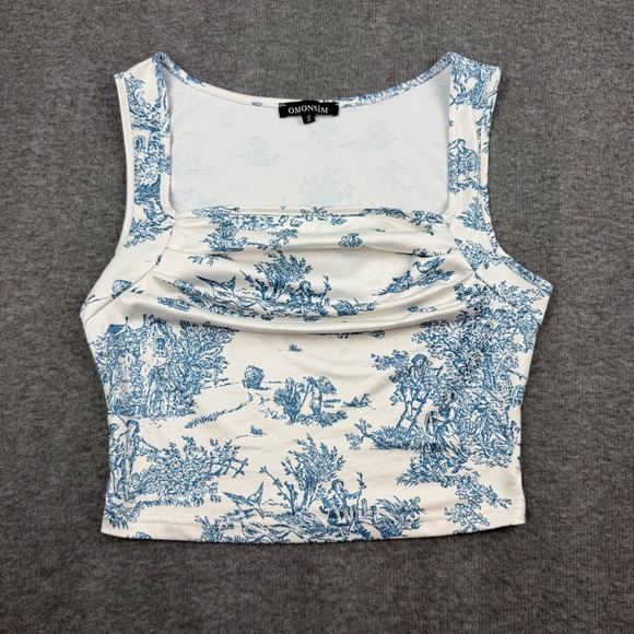 Omonsim Tops - Omonsim‎ Tank Top Womens Small Blue White Toile De Jouy Ruched Crop Top